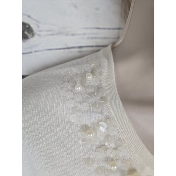 Vintage Eva Blue Ivory Beaded Sweater Cardigan XL Cropped Coquette Sequins - Picture 4 of 7